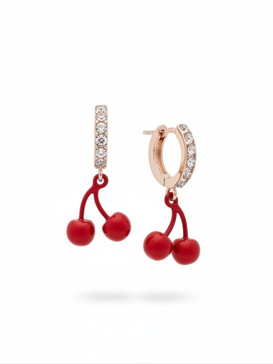 Betsey Johnson Jewelry - Betsey Johnson Crystal Huggie Hoop Earrings with Red Cherry Dangles, NWT